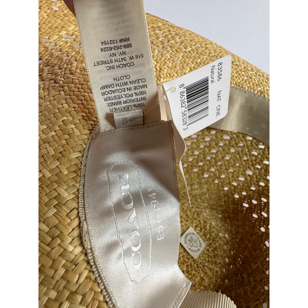 Coach Natural Straw Wide Brim Floppy Sun Hat Yellow Leather Trim One Size NWT - Picture 8 of 11